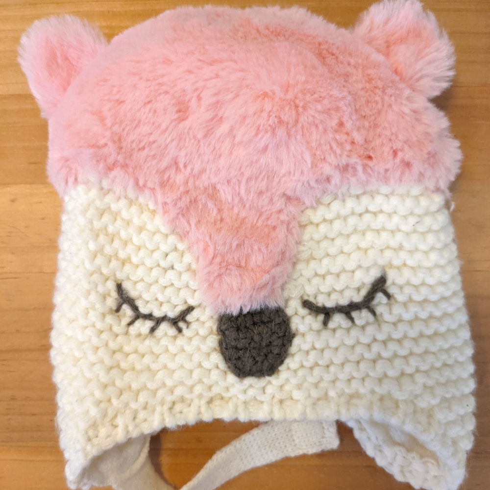 Baby girl knitted animal winter hat with velcro chin strap, infant 0-3 months